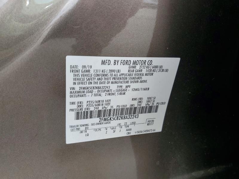 2019 Ford Flex მანქანა იყიდება აუქციონზე, vin: 2FMGK5C82KBA32243, აუქციონის ნომერი: 60234256