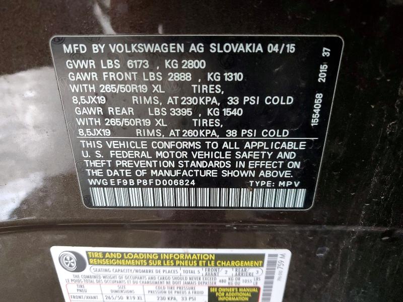 62696486 :رقم المزاد ، WVGEF9BP8FD006824 vin ، 2015 Volkswagen Touareg مزاد بيع