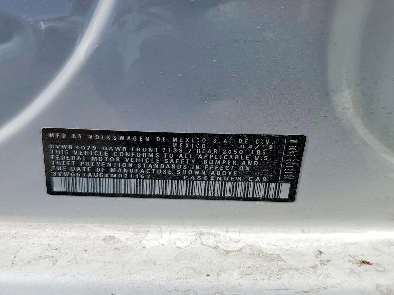 2019 Volkswagen Golf მანქანა იყიდება აუქციონზე, vin: 3VWG57AU5KM021157, აუქციონის ნომერი: 62397346