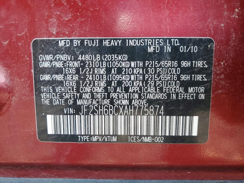 2010 Subaru Forester მანქანა იყიდება აუქციონზე, vin: JF2SH6BCXAH775874, აუქციონის ნომერი: 61476606