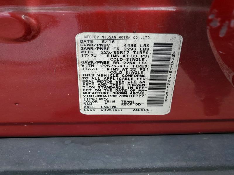 60788766 :رقم المزاد ، JN8AT2MT7GW016722 vin ، 2016 Nissan Rogue مزاد بيع