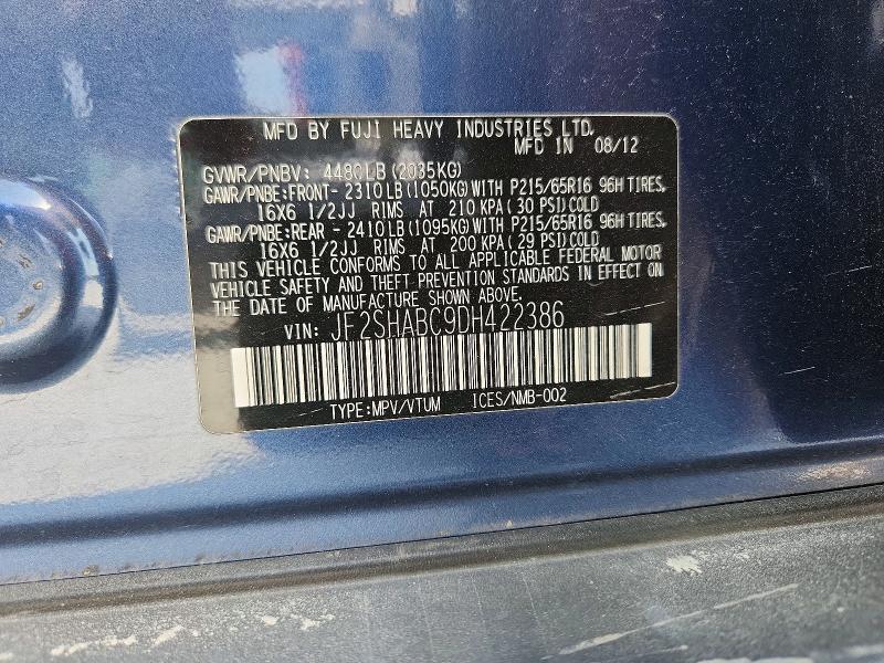 2013 Subaru Forester მანქანა იყიდება აუქციონზე, vin: JF2SHABC9DH422386, აუქციონის ნომერი: 62849266