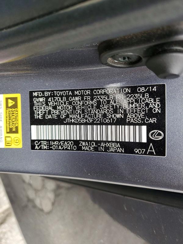 59713516 :رقم المزاد ، JTHKD5BH3F2210617 vin ، 2015 Lexus Ct مزاد بيع