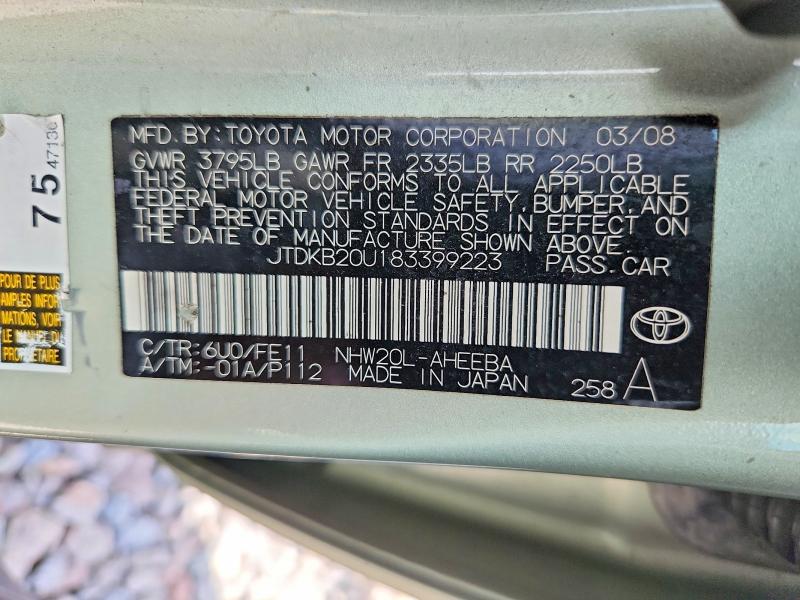 60312996 :رقم المزاد ، JTDKB20U183399223 vin ، 2008 Toyota Prius مزاد بيع