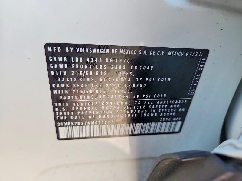 2022 Volkswagen Taos მანქანა იყიდება აუქციონზე, vin: 3VVRX7B27NM021217, აუქციონის ნომერი: 61625676
