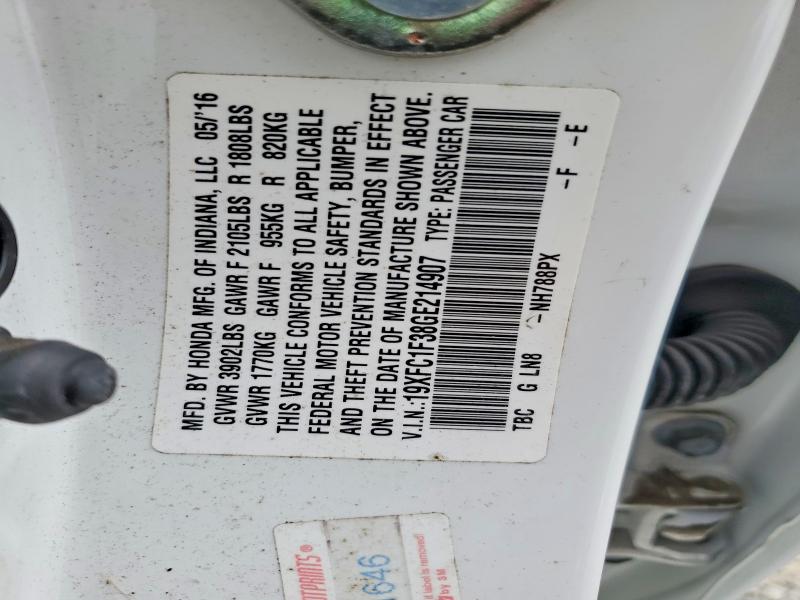 Aukcja sprzedaży 2016 Honda Civic, vin: 19XFC1F38GE214907, numer aukcji: 61627666