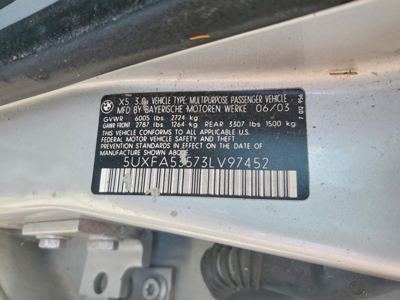 2003 Bmw X5 მანქანა იყიდება აუქციონზე, vin: 5UXFA53573LV97452, აუქციონის ნომერი: 62185306