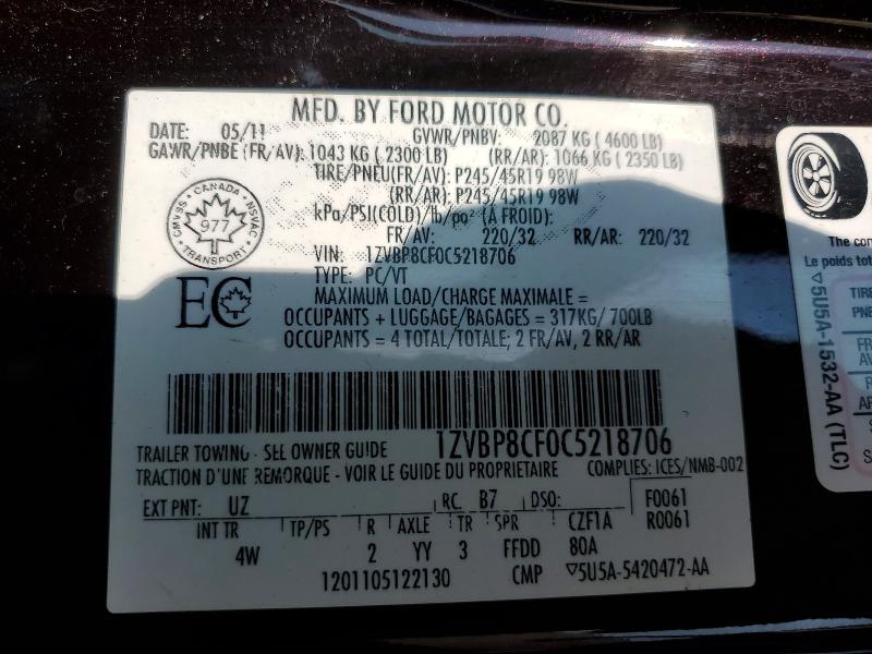 2012 Ford Mustang მანქანა იყიდება აუქციონზე, vin: 1ZVBP8CF0C5218706, აუქციონის ნომერი: 61723986