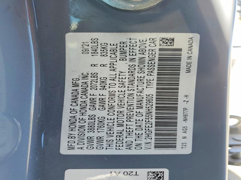 2022 Honda Civic მანქანა იყიდება აუქციონზე, vin: 2HGFE2F55NH529605, აუქციონის ნომერი: 61627046