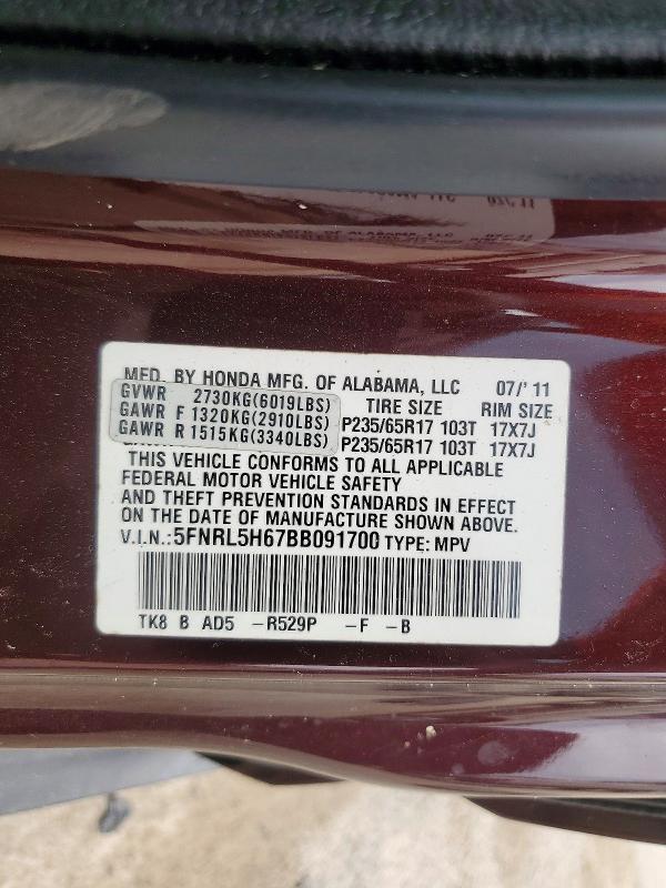 Aukcja sprzedaży 2011 Honda Odyssey, vin: 5FNRL5H67BB091700, numer aukcji: 62449616