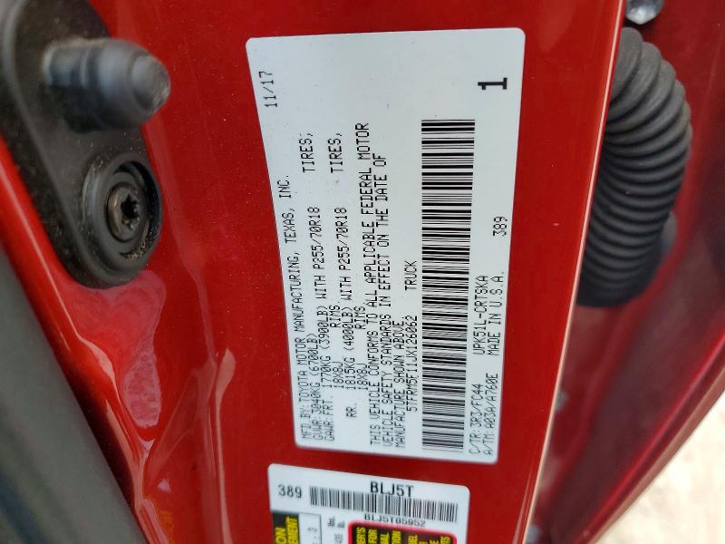 60626066 :رقم المزاد ، 5TFRM5F11JX126062 vin ، 2018 Toyota Tundra مزاد بيع