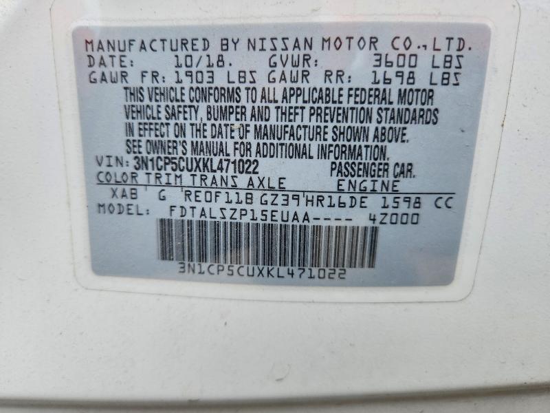 2019 Nissan Kicks მანქანა იყიდება აუქციონზე, vin: 3N1CP5CUXKL471022, აუქციონის ნომერი: 59851656