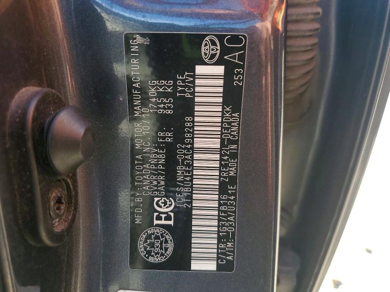 2010 Toyota Corolla მანქანა იყიდება აუქციონზე, vin: 2T1BU4EE3AC498288, აუქციონის ნომერი: 60175726