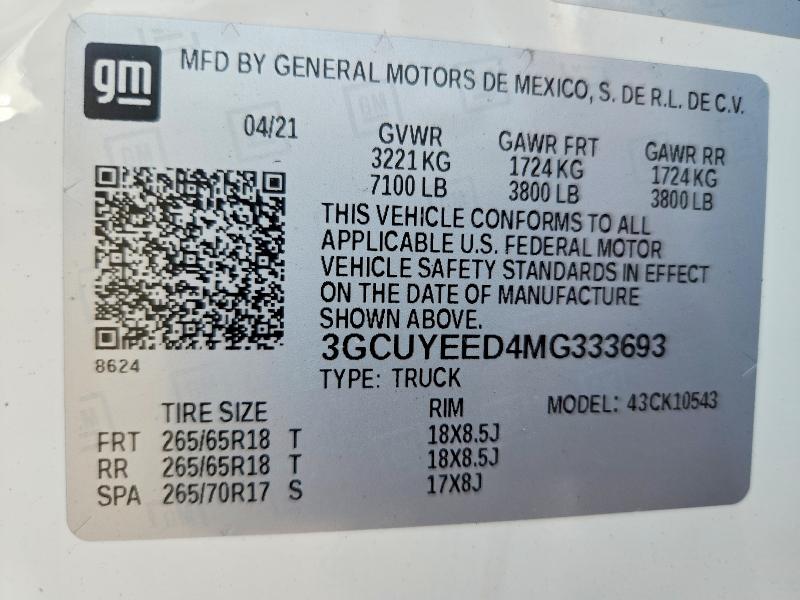 Продажа на аукционе авто 2021 Chevrolet Silverado, vin: 3GCUYEED4MG333693, номер лота: 62125906