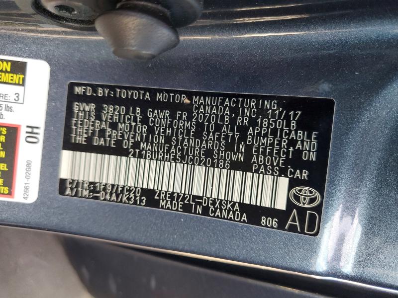 2018 Toyota Corolla მანქანა იყიდება აუქციონზე, vin: 2T1BURHE5JC020186, აუქციონის ნომერი: 62162876