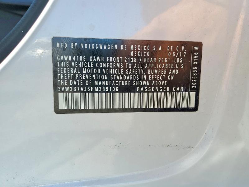 2017 Volkswagen Jetta მანქანა იყიდება აუქციონზე, vin: 3VW2B7AJ6HM389106, აუქციონის ნომერი: 62266406