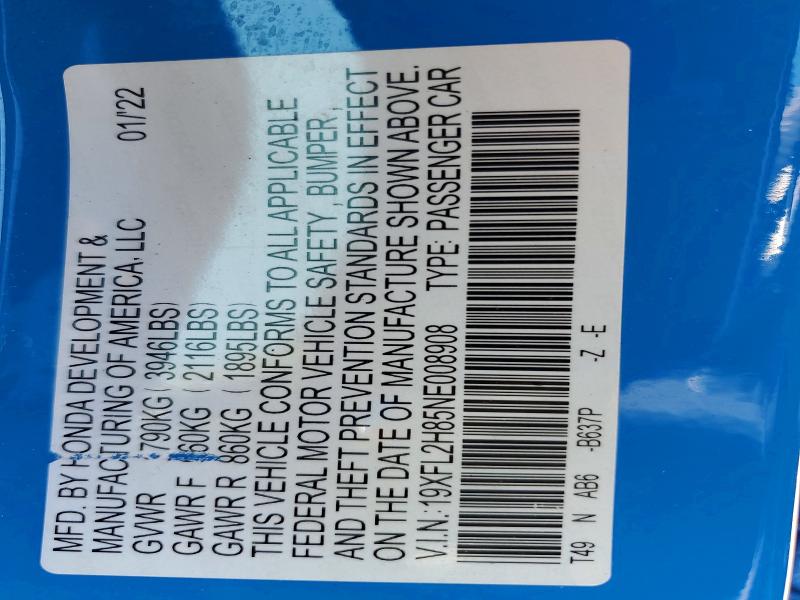60829106 :رقم المزاد ، 19XFL2H85NE008908 vin ، 2022 Honda Civic مزاد بيع