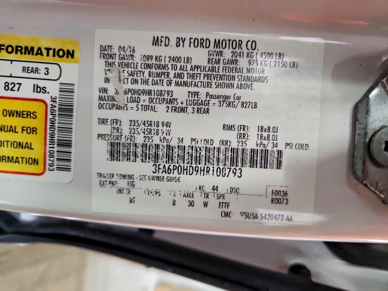 61886046 :رقم المزاد ، 3FA6P0HD9HR108793 vin ، 2017 Ford Fusion مزاد بيع