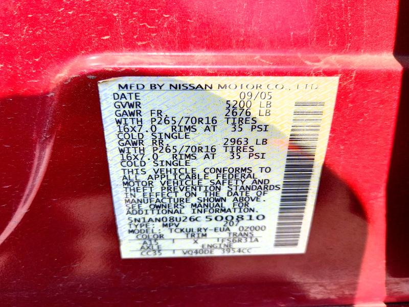 2006 Nissan Xterra მანქანა იყიდება აუქციონზე, vin: 5N1AN08U26C500810, აუქციონის ნომერი: 60723516