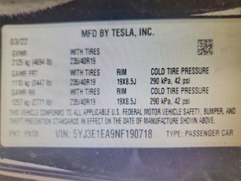 Продажа на аукционе авто 2022 Tesla Model 3, vin: 5YJ3E1EA9NF190718, номер лота: 59707896