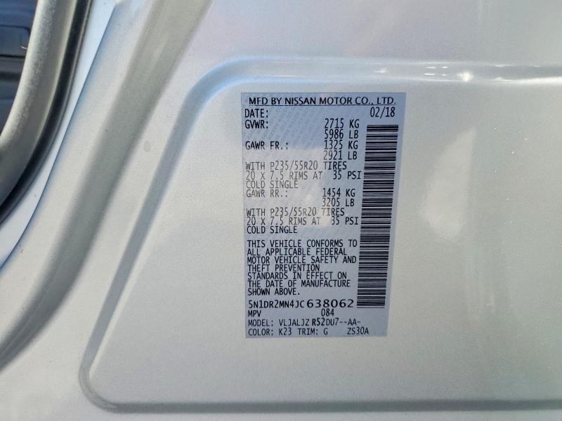 60211046 :رقم المزاد ، 5N1DR2MN4JC638062 vin ، 2018 Nissan Pathfinder مزاد بيع