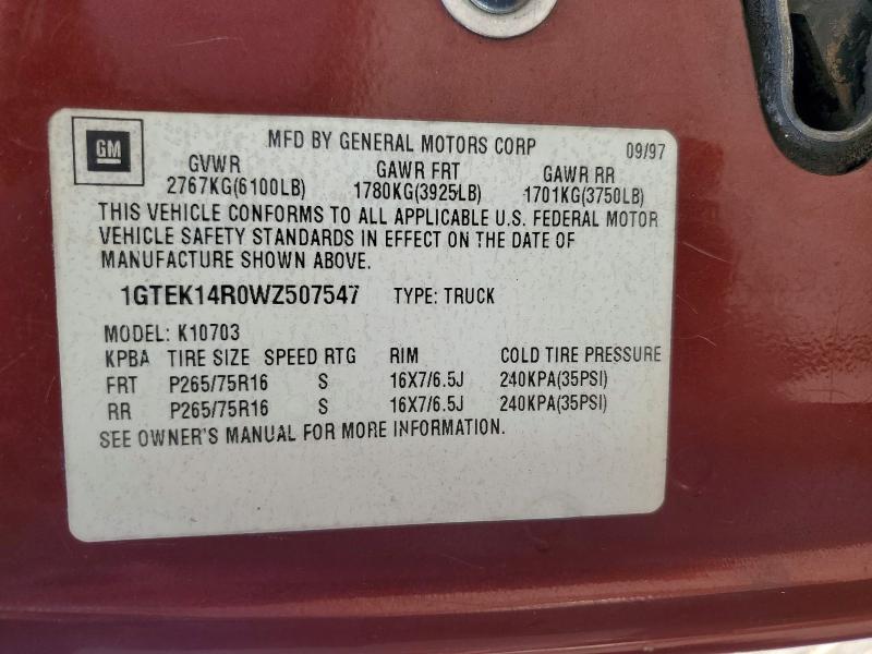 1998 Gmc Sierra მანქანა იყიდება აუქციონზე, vin: 1GTEK14R0WZ507547, აუქციონის ნომერი: 59071666