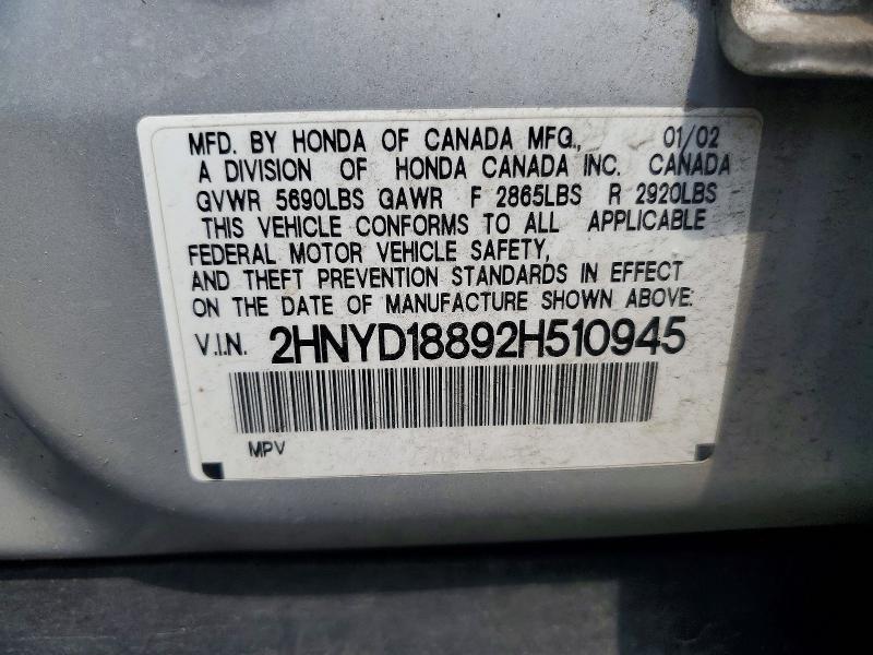 2002 Acura Mdx მანქანა იყიდება აუქციონზე, vin: 2HNYD18892H510945, აუქციონის ნომერი: 60212586
