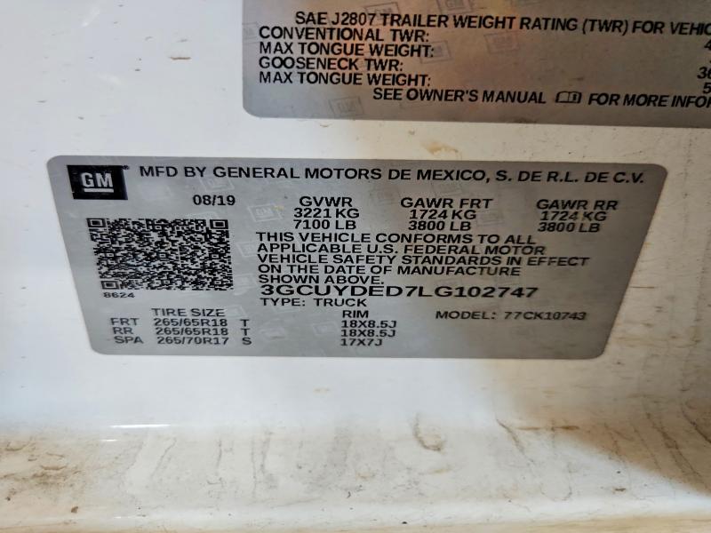 Aukcja sprzedaży 2020 Chevrolet Silverado, vin: 3GCUYDED7LG102747, numer aukcji: 60043476