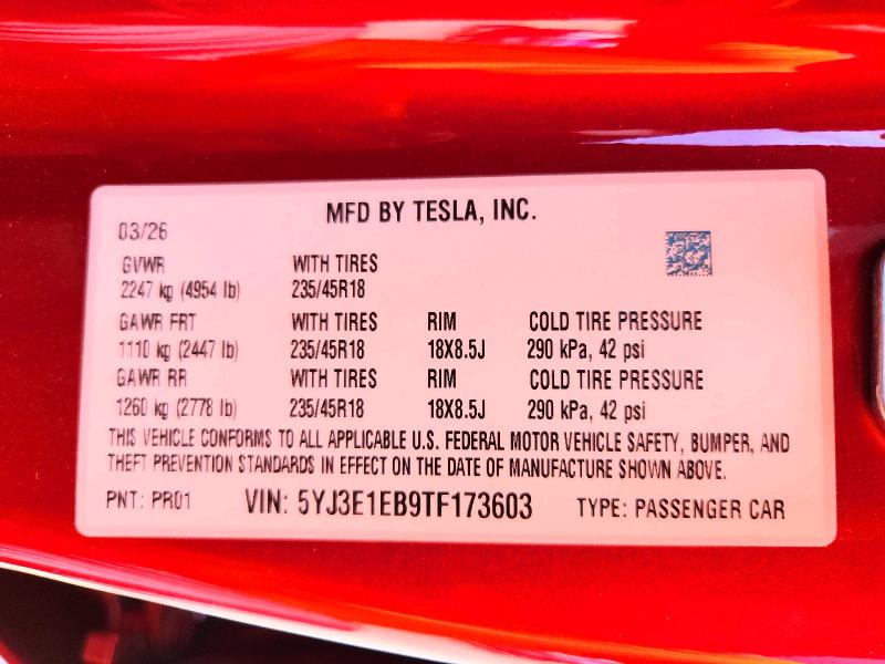 Aukcja sprzedaży 2026 Tesla Model 3, vin: 5YJ3E1EB9TF173603, numer aukcji: 58809976