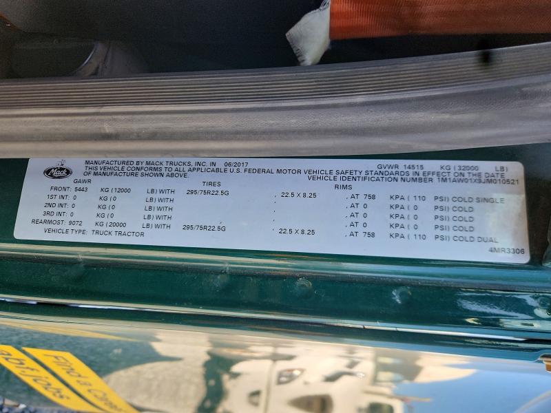 Продажа на аукционе авто 2018 Mack 600, vin: 1M1AW01X9JM010521, номер лота: 59224436