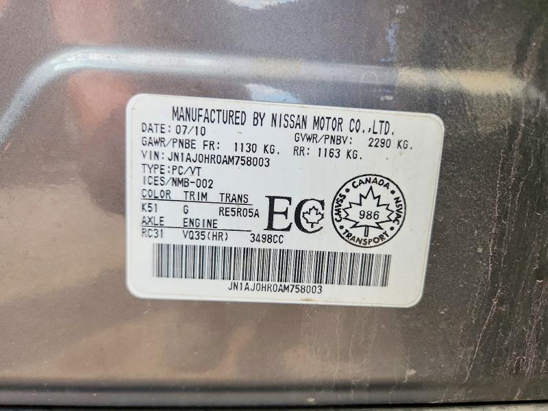 61019006 :رقم المزاد ، JN1AJ0HR0AM758003 vin ، 2010 Infiniti Ex35 مزاد بيع