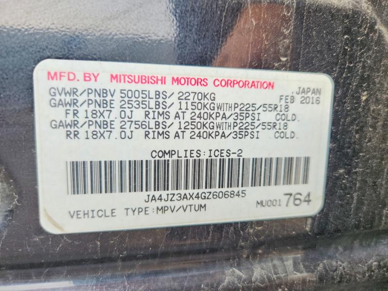 2016 Mitsubishi Outlander მანქანა იყიდება აუქციონზე, vin: JA4JZ3AX4GZ606845, აუქციონის ნომერი: 61854256
