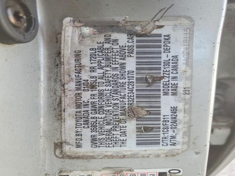 62289626 :رقم المزاد ، 2T1BR32E34C281070 vin ، 2004 Toyota Corolla مزاد بيع