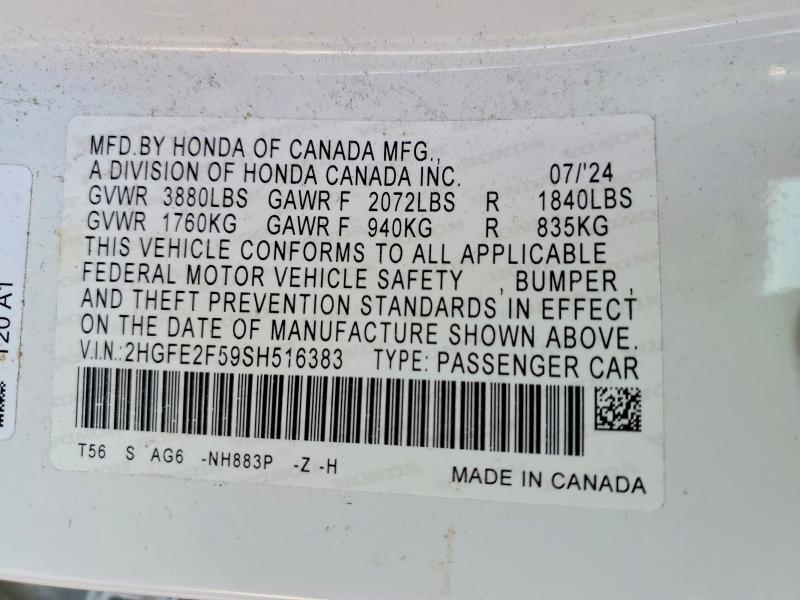 2025 Honda Civic მანქანა იყიდება აუქციონზე, vin: 2HGFE2F59SH516383, აუქციონის ნომერი: 62460756