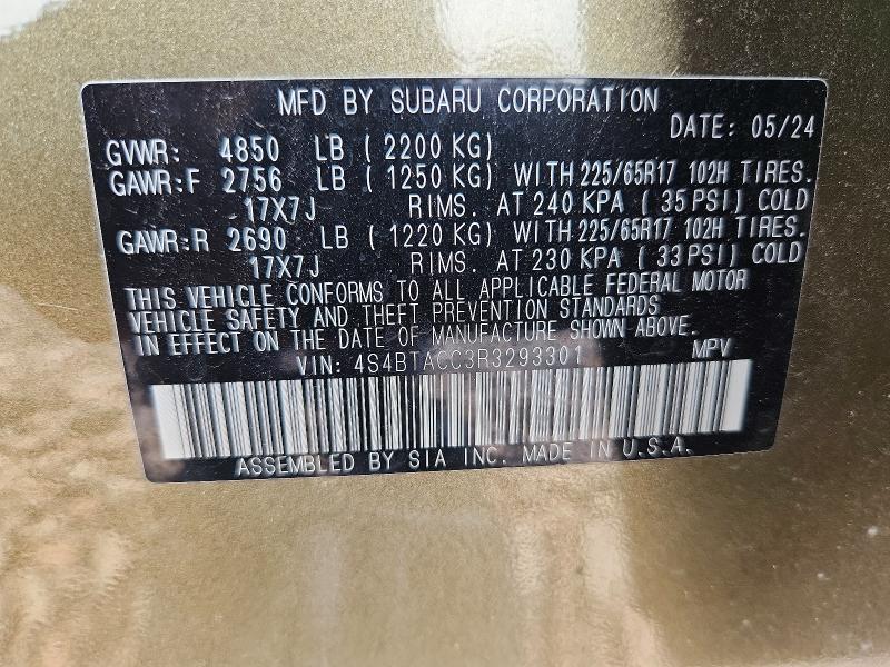 2024 Subaru Outback მანქანა იყიდება აუქციონზე, vin: 4S4BTACC3R3293301, აუქციონის ნომერი: 61067706