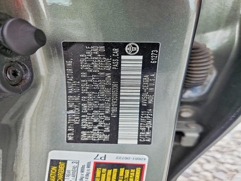 2012 Toyota Camry Hybrid მანქანა იყიდება აუქციონზე, vin: 4T1BD1FK3CU053361, აუქციონის ნომერი: 60603256
