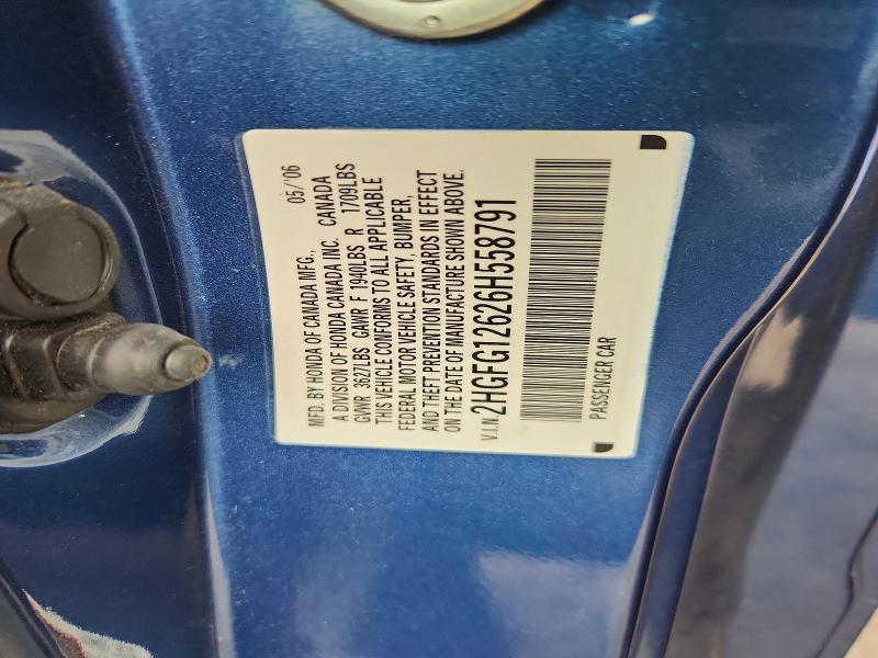 2006 Honda Civic მანქანა იყიდება აუქციონზე, vin: 2HGFG12626H558791, აუქციონის ნომერი: 61707716