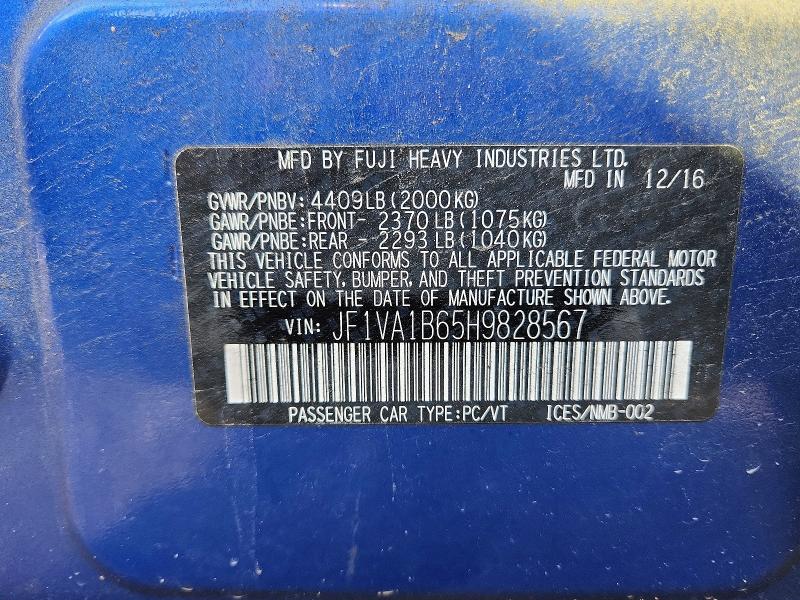 2017 Subaru Wrx მანქანა იყიდება აუქციონზე, vin: JF1VA1B65H9828567, აუქციონის ნომერი: 62340986