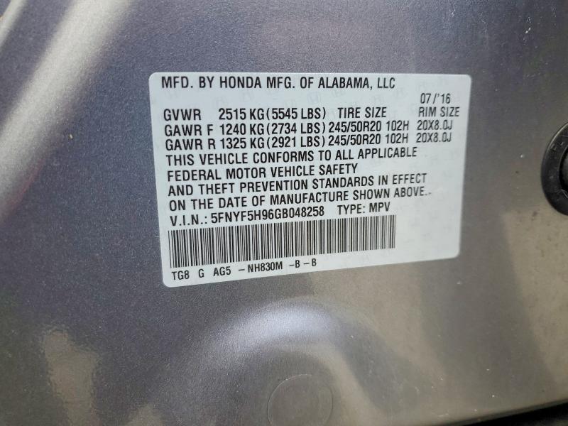 Продаж на аукціоні авто 2016 Honda Pilot, vin: 5FNYF5H96GB048258, номер лоту: 62010826