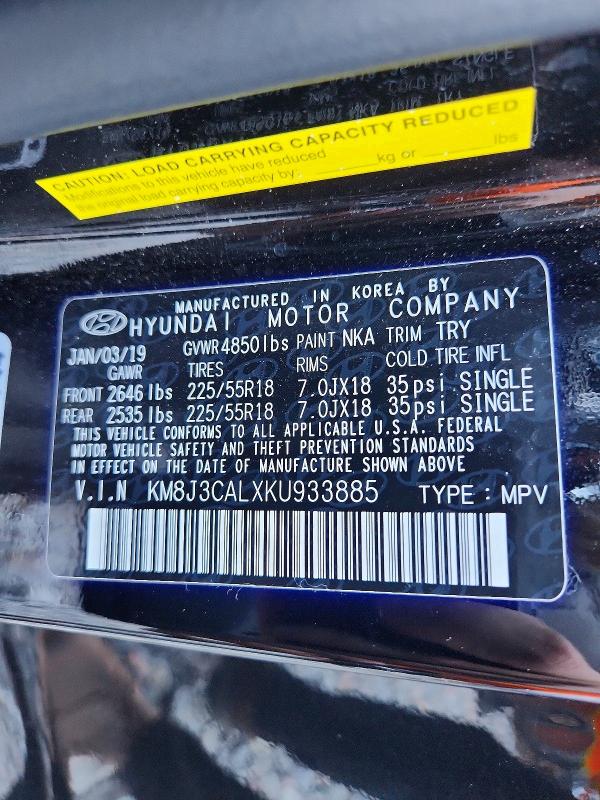 59382256 :رقم المزاد ، KM8J3CALXKU933885 vin ، 2019 Hyundai Tucson مزاد بيع