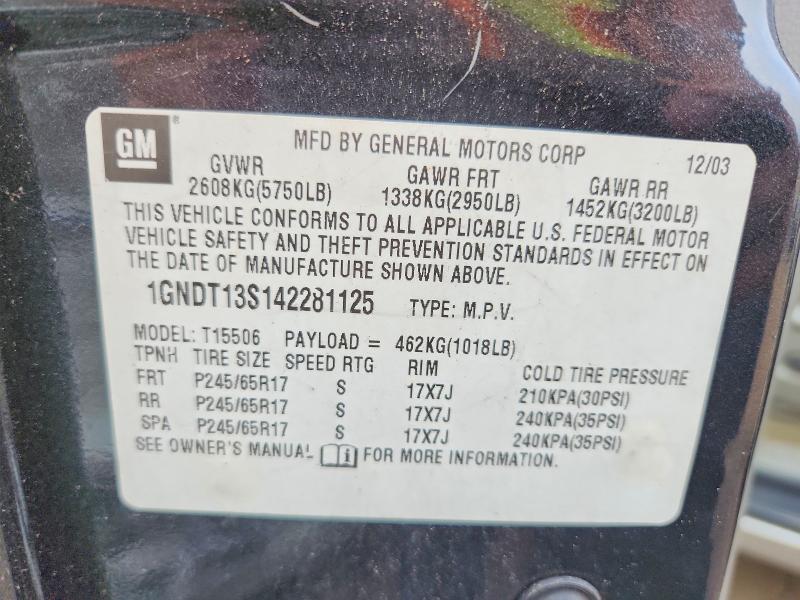 61215156 :رقم المزاد ، 1GNDT13S142281125 vin ، 2004 Chevrolet Trailblazer مزاد بيع