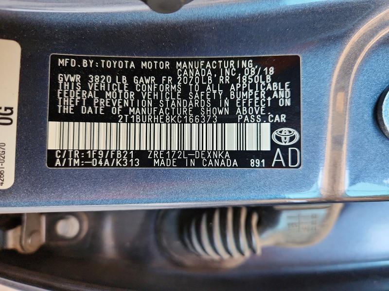 59817156 :رقم المزاد ، 2T1BURHE8KC166373 vin ، 2019 Toyota Corolla مزاد بيع