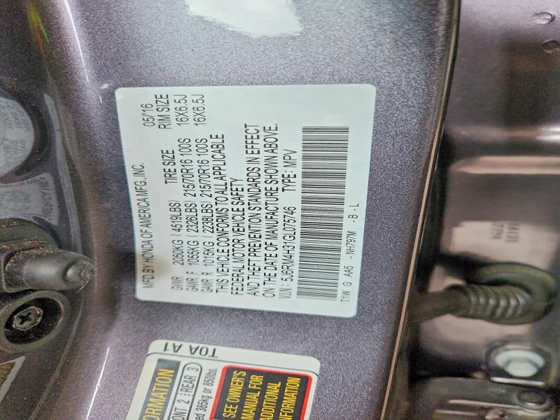 60291316 :رقم المزاد ، 5J6RM4H31GL075746 vin ، 2016 Honda Cr-v مزاد بيع