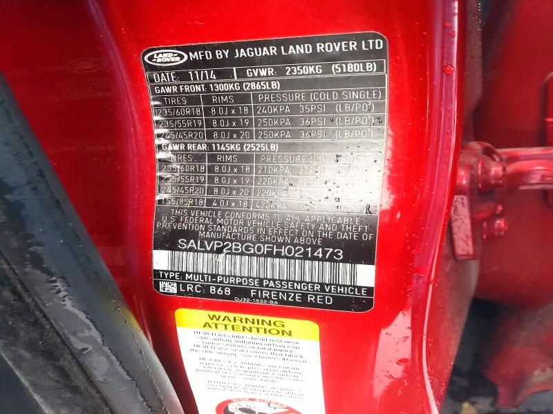 Продаж на аукціоні авто 2015 Land Rover Range Rover Evoque, vin: SALVP2BG0FH021473, номер лоту: 59071366