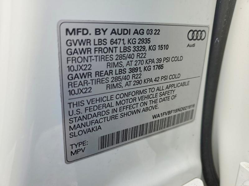 62823746 :رقم المزاد ، WA1FVBF19ND021916 vin ، 2022 Audi Q8 مزاد بيع