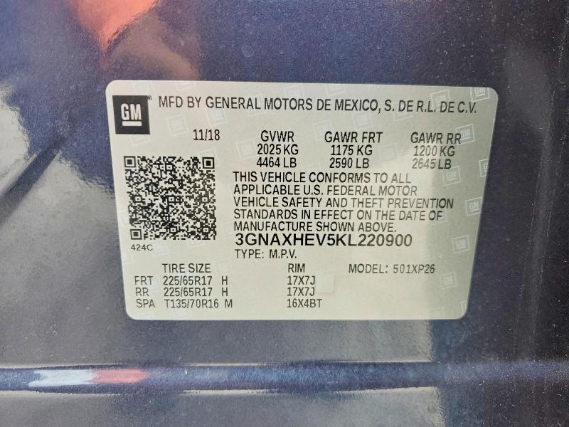 62942786 :رقم المزاد ، 3GNAXHEV5KL220900 vin ، 2019 Chevrolet Equinox مزاد بيع