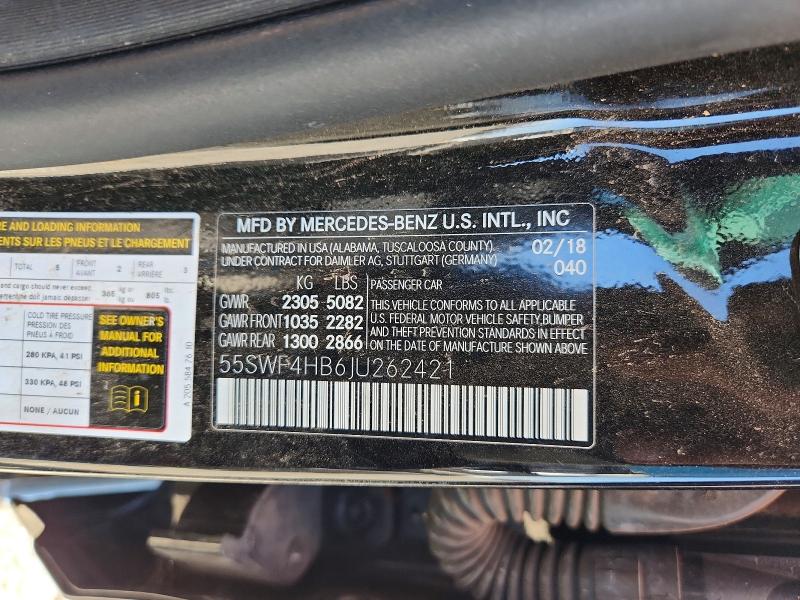 2018 Mercedes-benz C მანქანა იყიდება აუქციონზე, vin: 55SWF4HB6JU262421, აუქციონის ნომერი: 62355996