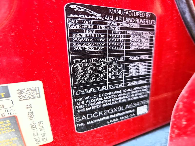 Aukcja sprzedaży 2020 Jaguar F-pace, vin: SADCK2GX9LA634769, numer aukcji: 59332766