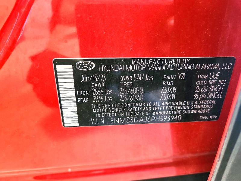 2023 Hyundai Santa Fe მანქანა იყიდება აუქციონზე, vin: 5NMS3DAJ6PH593940, აუქციონის ნომერი: 60922896
