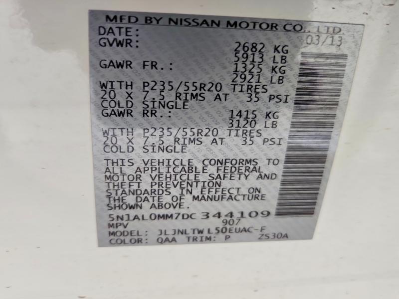 61358566 :رقم المزاد ، 5N1AL0MM7DC344109 vin ، 2013 Infiniti Jx35 مزاد بيع